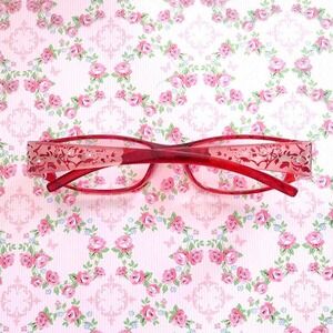 Chic Red Eyeglasses with Intricate Floral Design and Rhinestone Accents